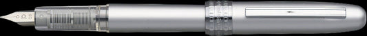 Silver fountain pen with a detailed design on a white background
