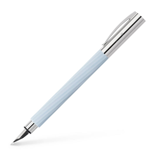 Pen with light blue body and silver accents on a white background