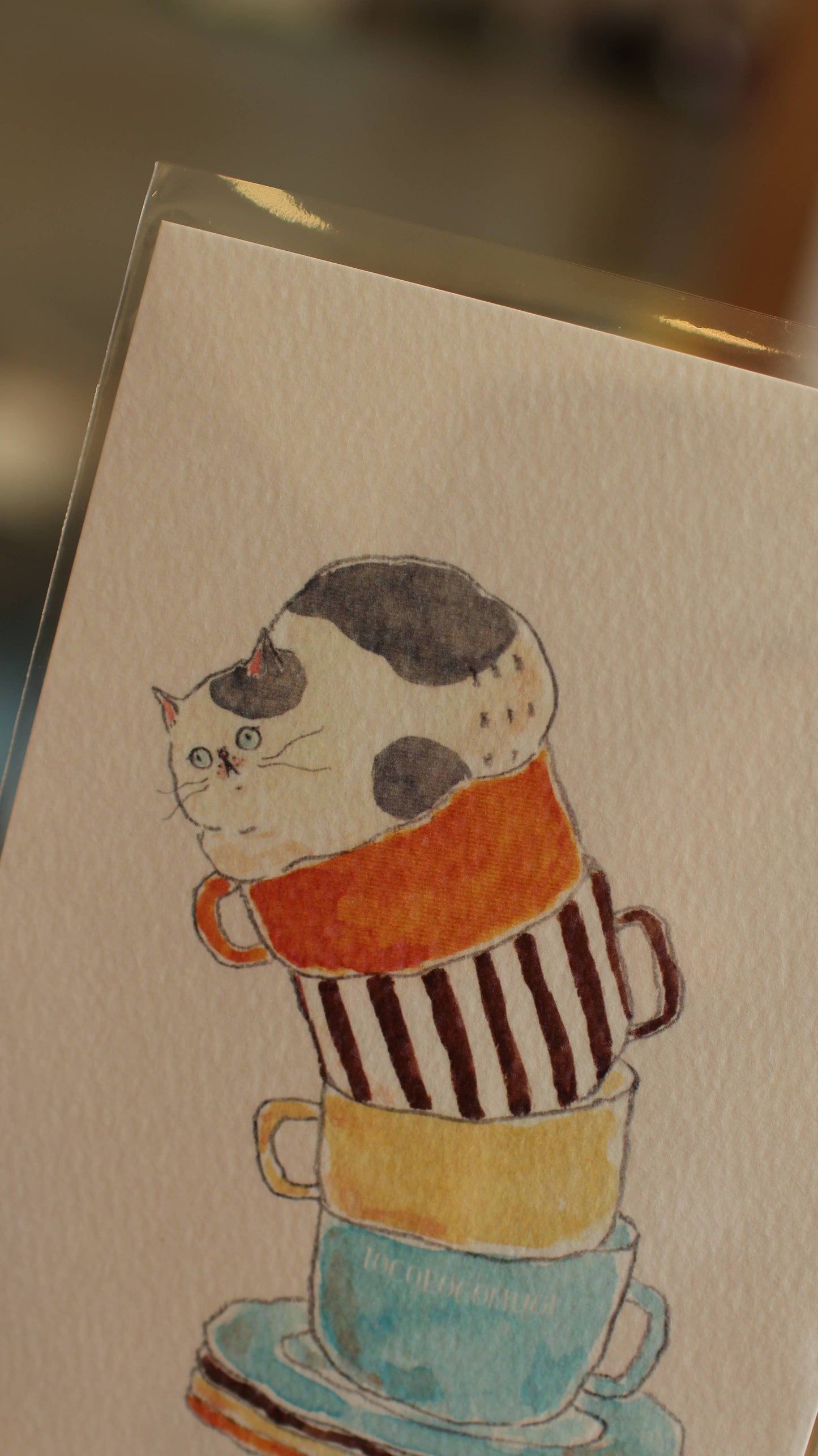 Furukawa Paper Post Card - Pudgy Coffee Cup Cat
