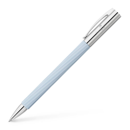 Light blue pen with silver accents on a white background