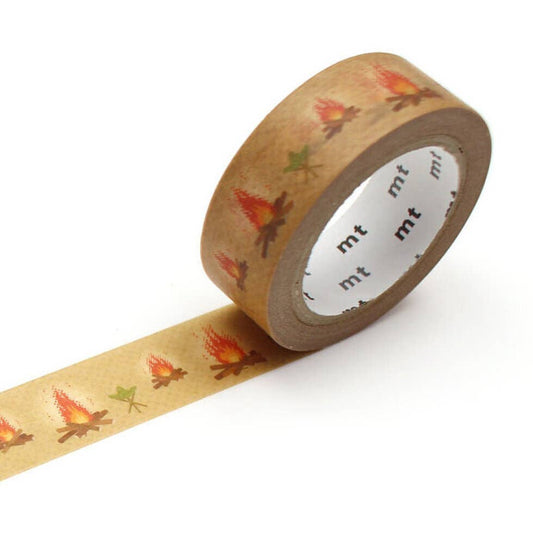 Roll of decorative tape with campfire design on a white background