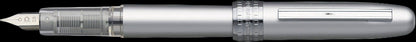 Silver fountain pen with a detailed design on a white background