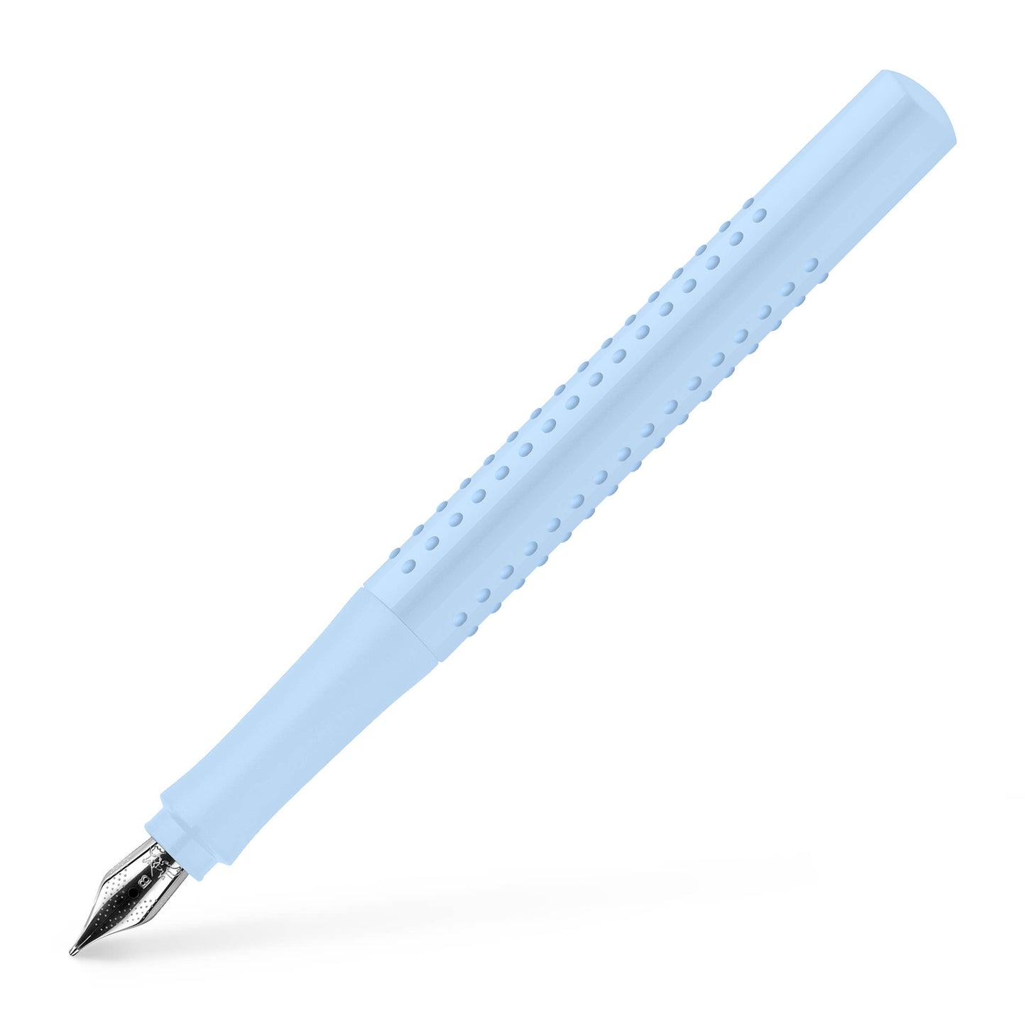 Light blue pen with a metallic tip on a white background