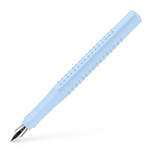 Light blue pen with a metallic tip on a white background