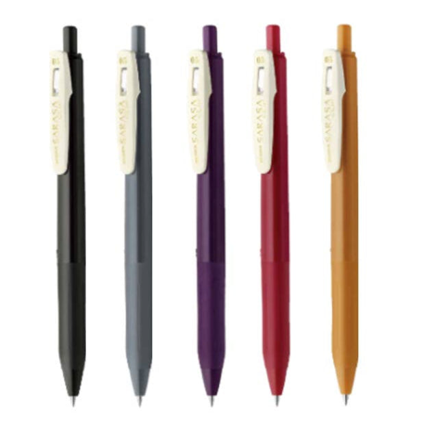 Five Zebra pens in different colors on a white background with Zebra branding.