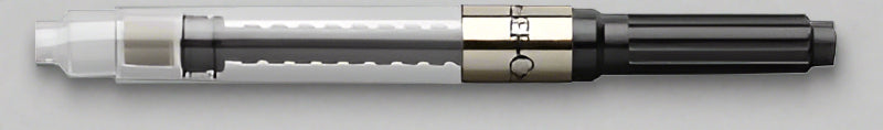 Fountain pen ink converter with a transparent body and black accents on a white background