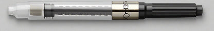 Fountain pen ink converter with a transparent body and black accents on a white background