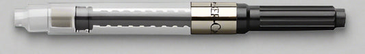 Fountain pen ink converter with a transparent body and black accents on a white background
