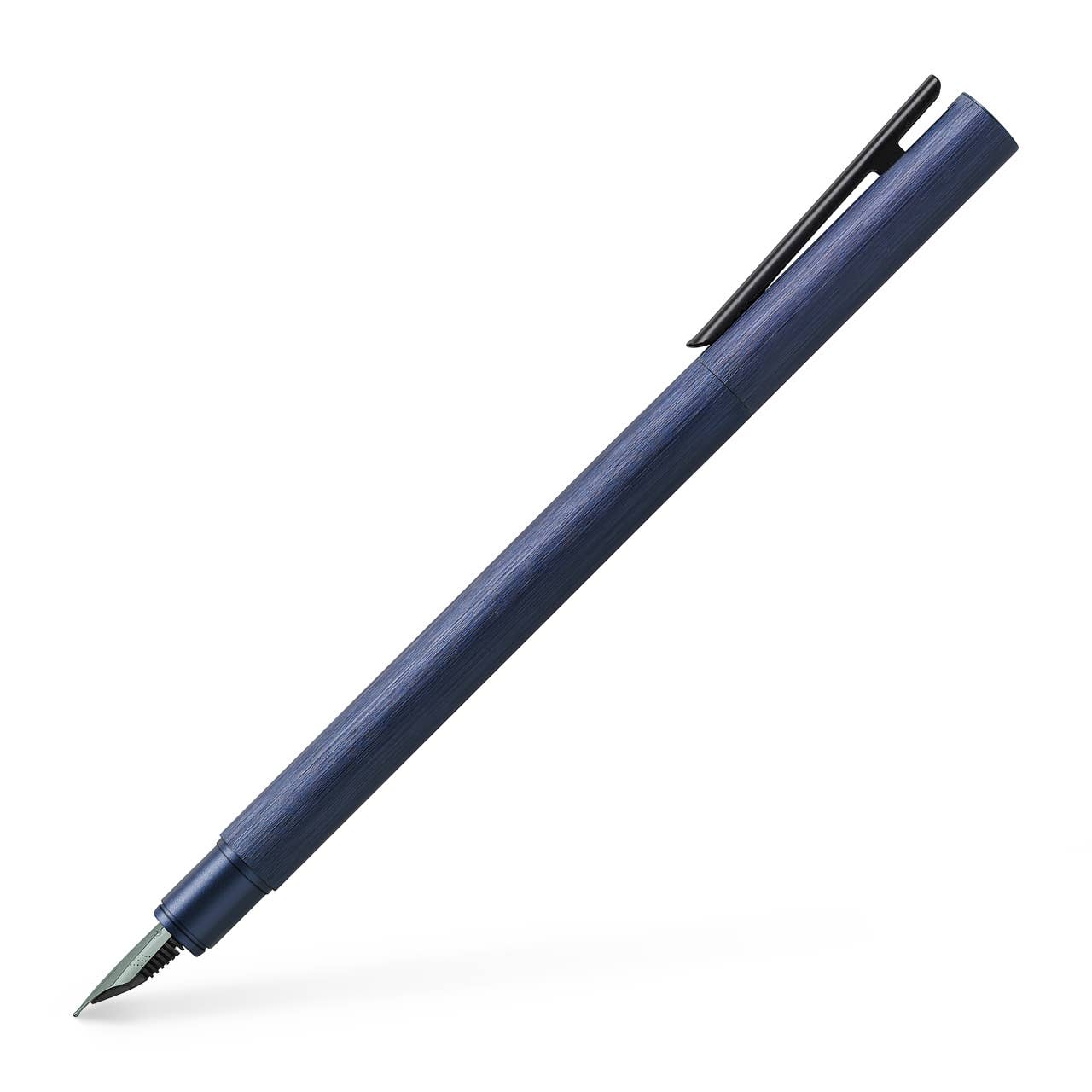 Blue pen with a black clip on a white background