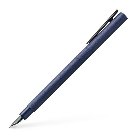 Blue pen with a black clip on a white background