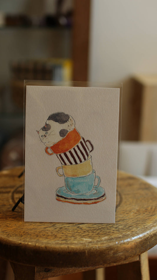 Furukawa Paper Post Card - Pudgy Coffee Cup Cat