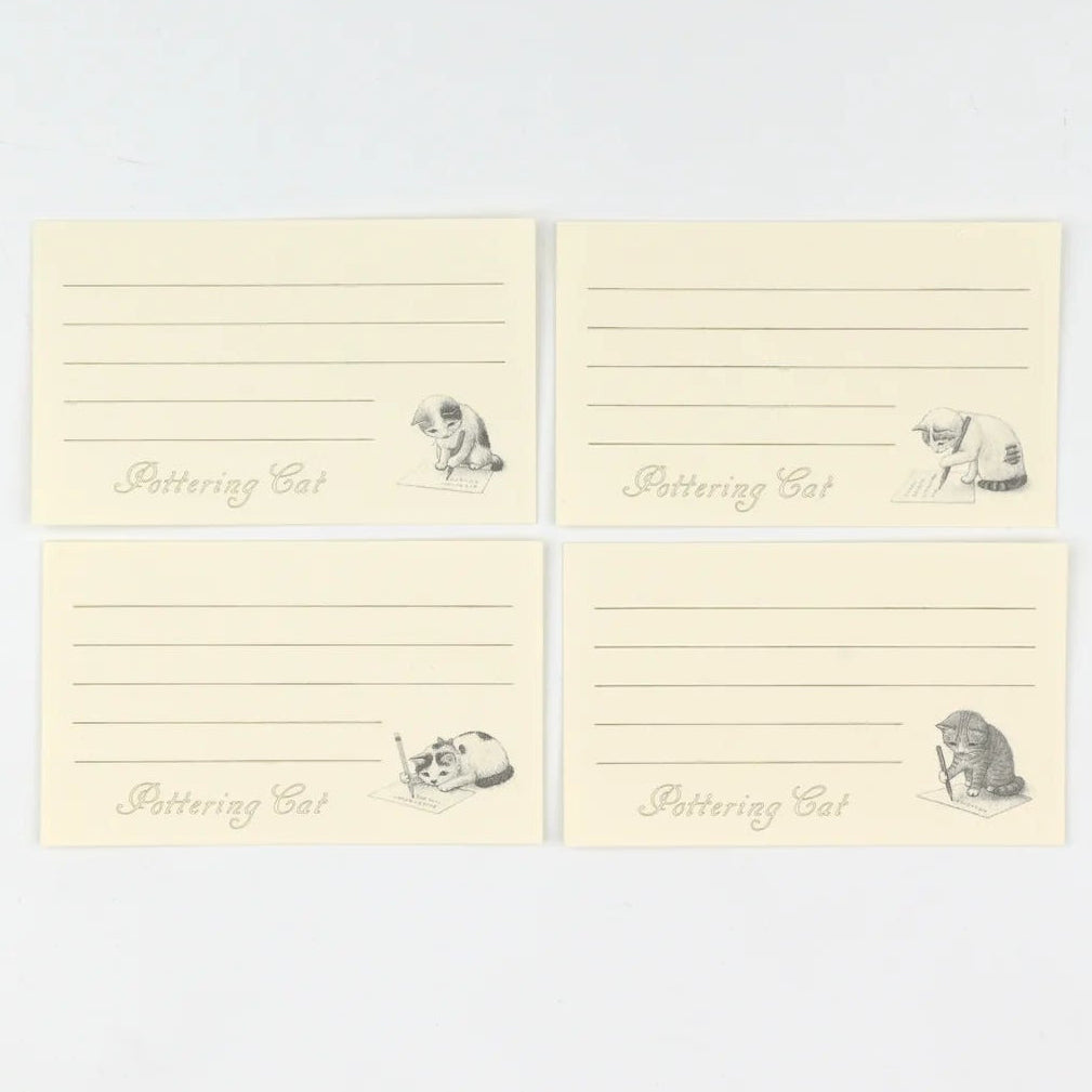 Set of four cream-colored cards with black text and illustrations on a light gray background