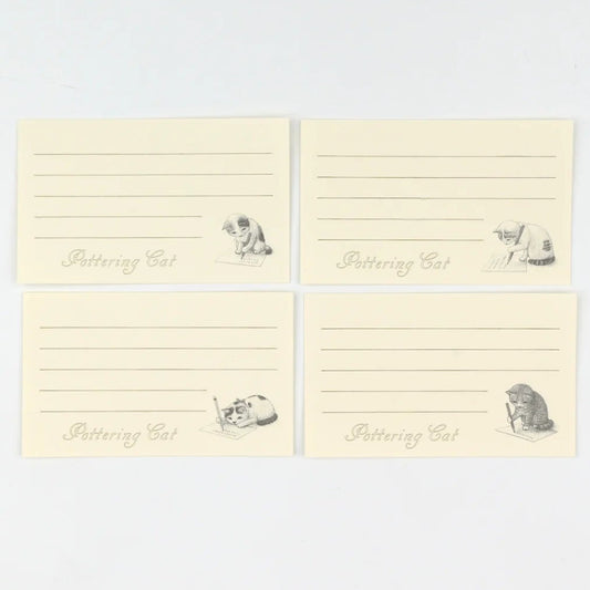 Set of four cream-colored cards with black text and illustrations on a light gray background
