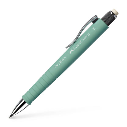Green mechanical pencil with silver clip on a white background