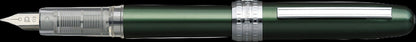 Green fountain pen with silver accents on a white background