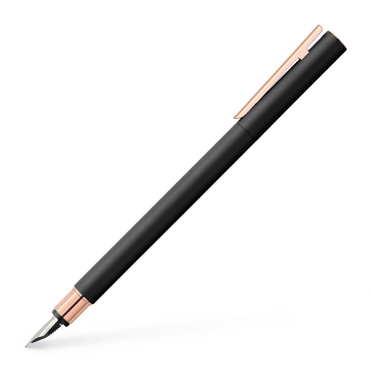 Black pen with rose gold accents on a white background