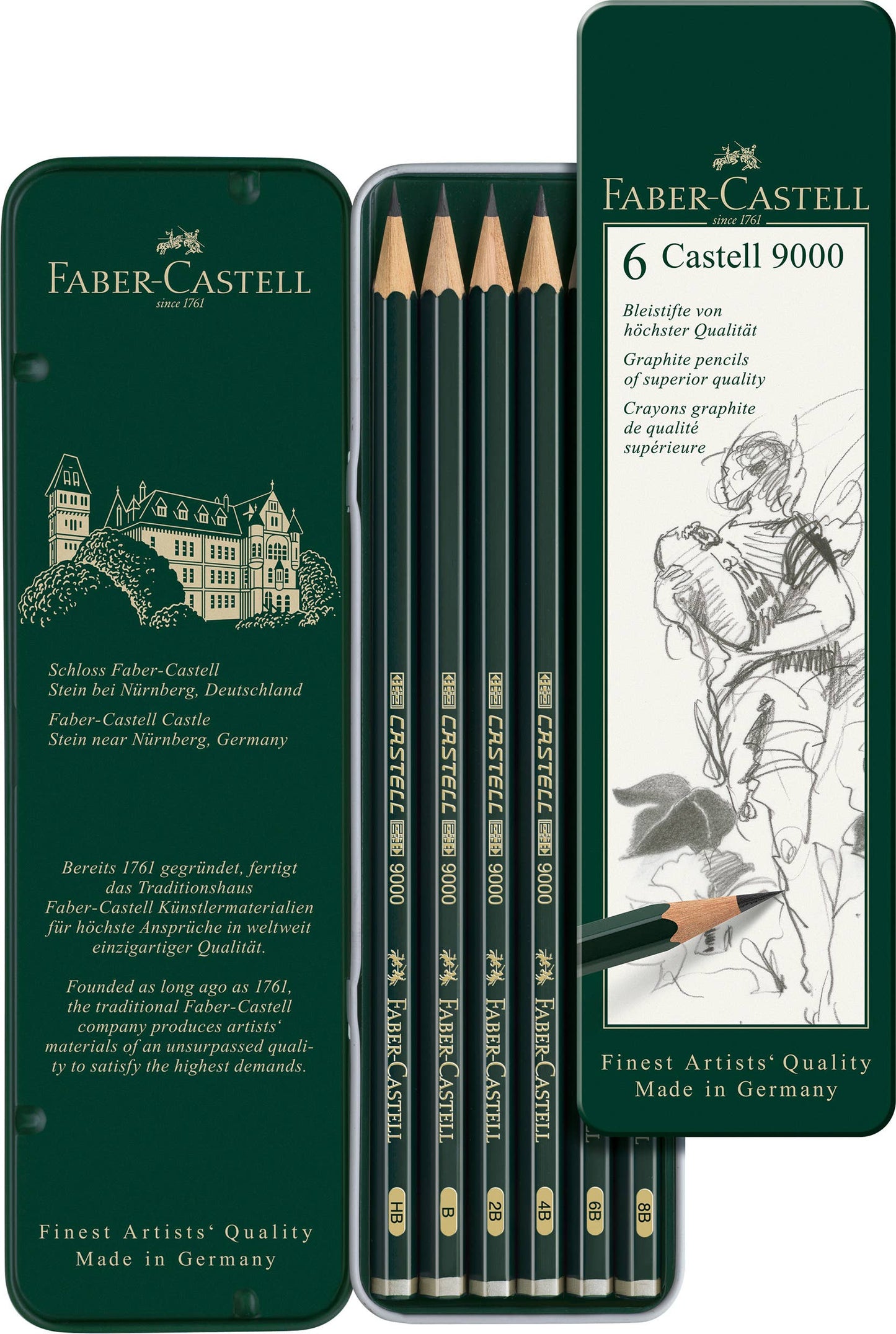 Faber-Castell Castell 9000 graphite pencils in a tin with branding and product details.