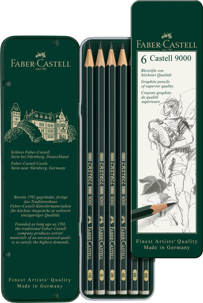 Faber-Castell Castell 9000 graphite pencils in a tin with branding and product details.