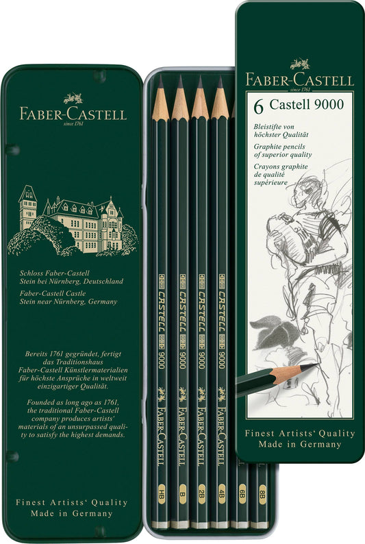 Faber-Castell Castell 9000 graphite pencils in a tin with branding and product details.