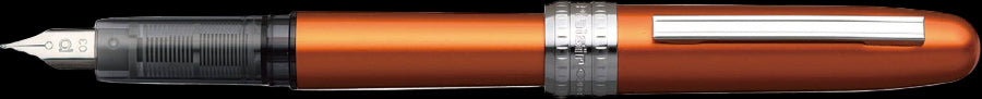 Orange pen with silver accents on a white background