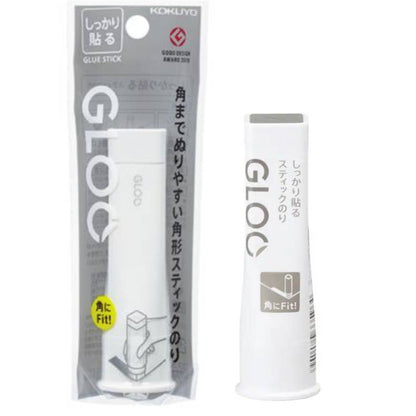 Kokuyo Gloo glue stick packaging with white glue stick on a white background