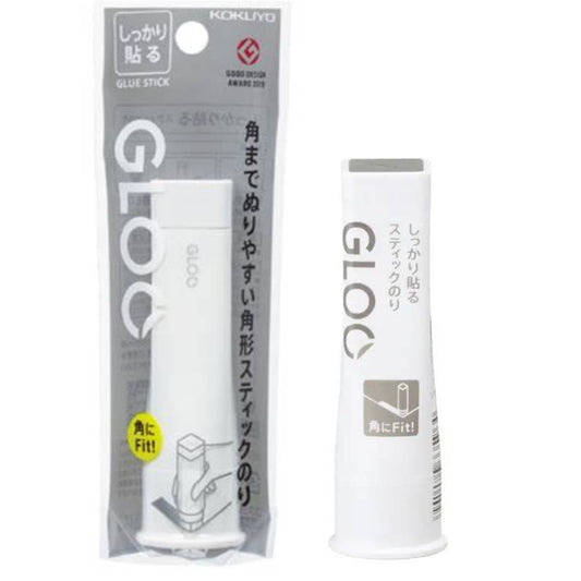 Kokuyo Gloo glue stick packaging with white glue stick on a white background