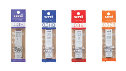 Uni brand smudge proof lead packaging with different hardness grades on a white background