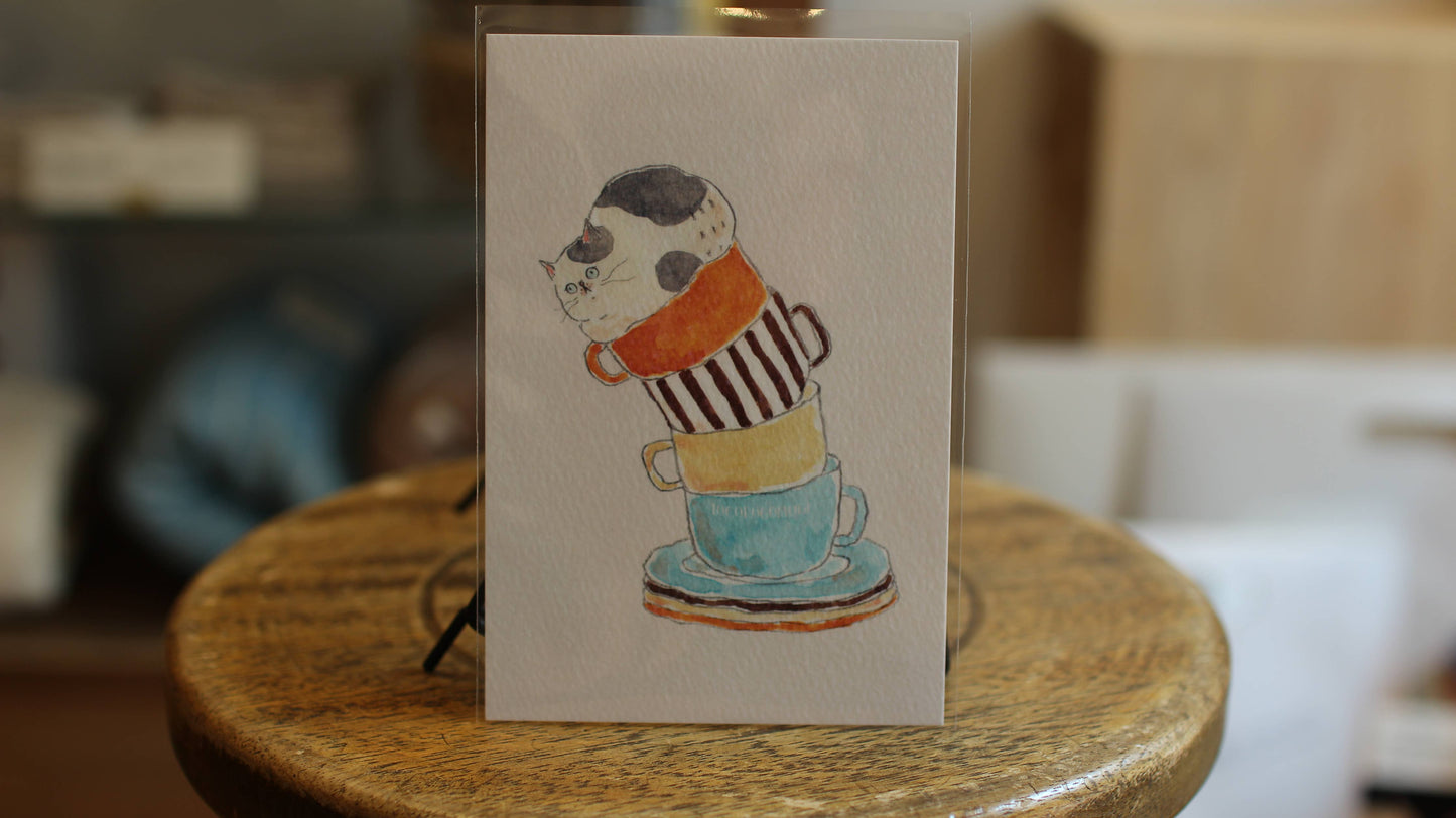 Furukawa Paper Post Card - Pudgy Coffee Cup Cat