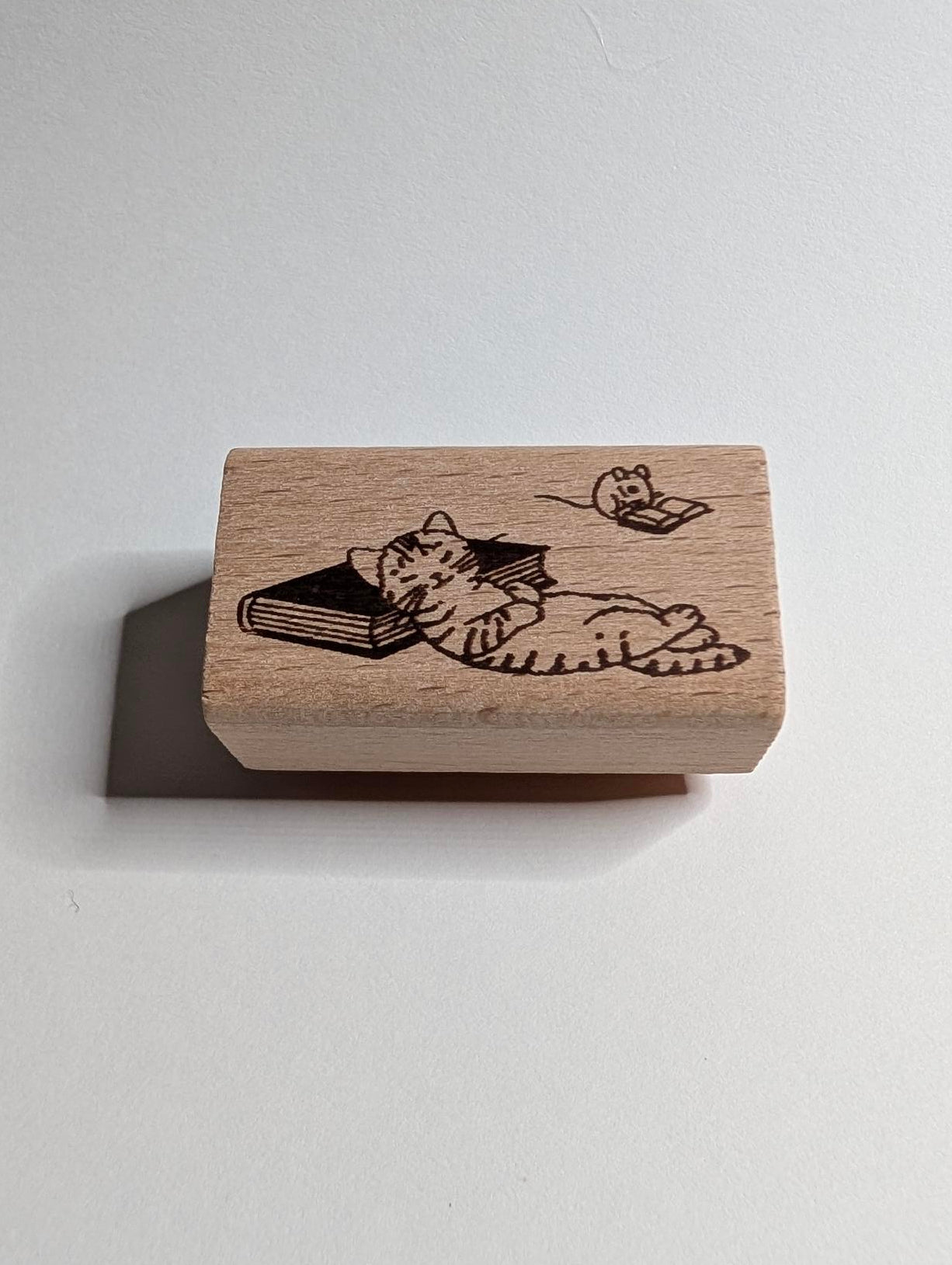 Wooden stamp with a design of a cat reading a book on a white background